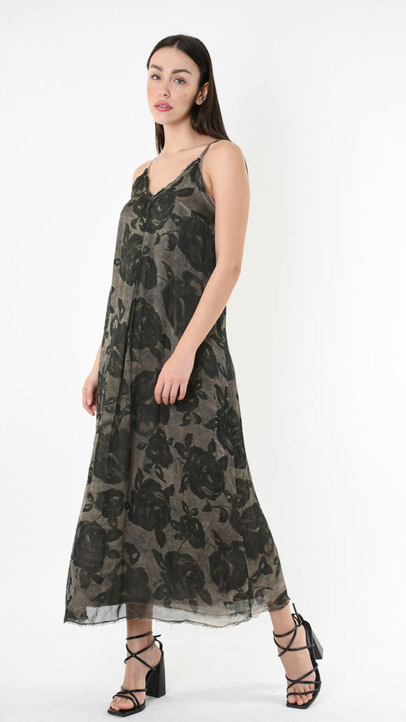 A39B SM48825 DRESS in Tencel viscose with unique cold-dyed hand-printed design, modeled.