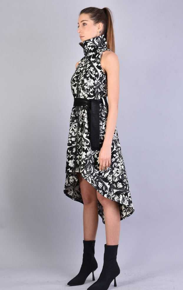 A3 4B LW54923 BLACK WHITE Floral Jacquard Asymmetric Dress 549 Dresses Dress Woman LA HAINE INSIDE US TEPHRA