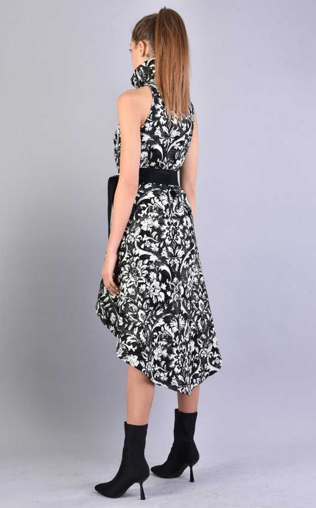 A3 4B LW54923 BLACK WHITE Floral Jacquard Asymmetric Dress.