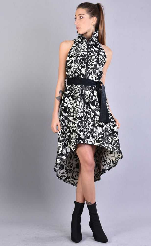 A3 4B LW54923 BLACK WHITE Floral Jacquard Asymmetric Dress 549 Dresses Dress Woman LA HAINE INSIDE US TEPHRA