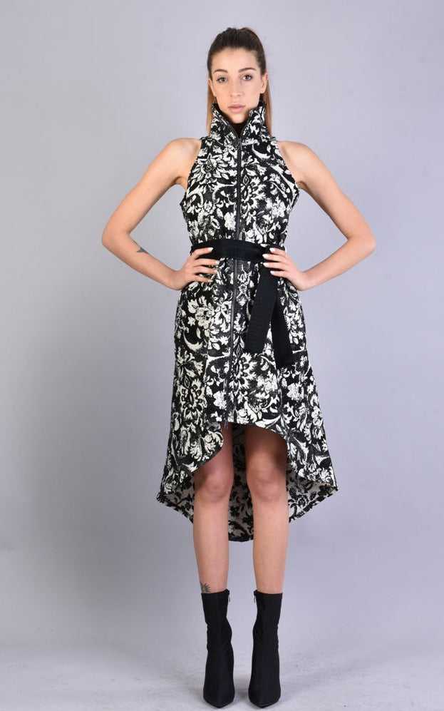 A3 4B LW54923 BLACK WHITE Floral Jacquard Asymmetric Dress.