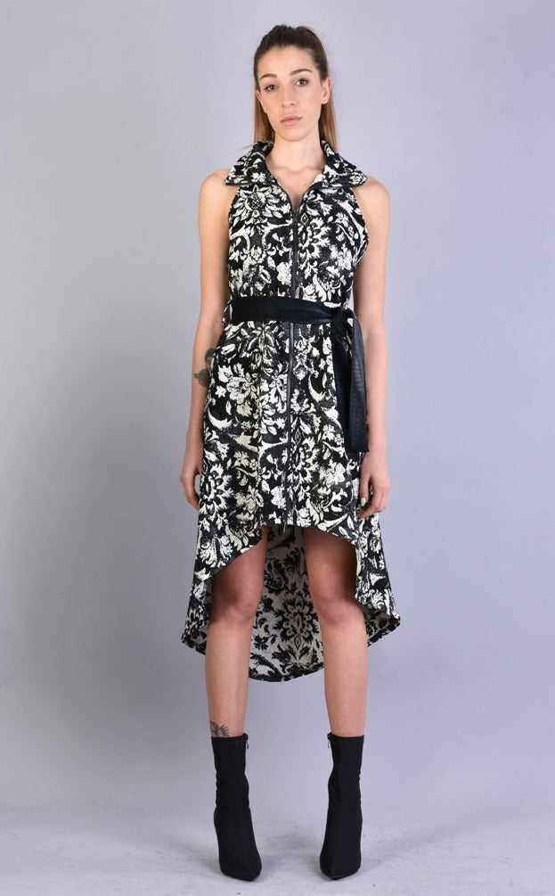 A3 4B LW54923 BLACK WHITE Floral Jacquard Asymmetric Dress.