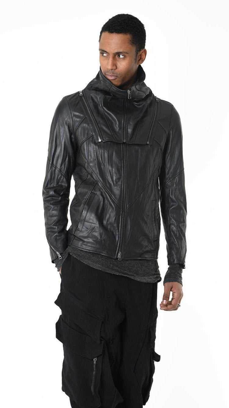 A33B LM18425 SPORT JACKET Leather Removable Hood Black