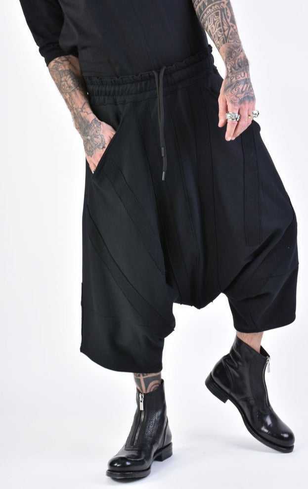 A33M LM12724 TROUSER/SHORT Oversize Low Crotch Fleece & Patch UNISEX U Black.