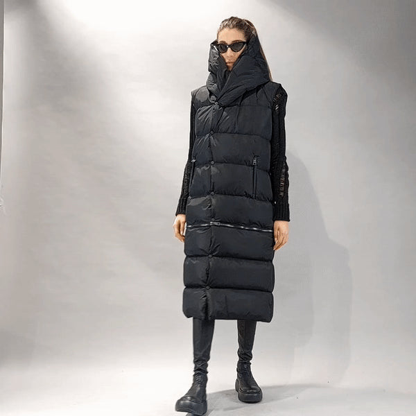 Black long padded sleeveless down jacket A33P LM068 BLACKD by LA HAINE INSIDE US, ideal for cold weather.