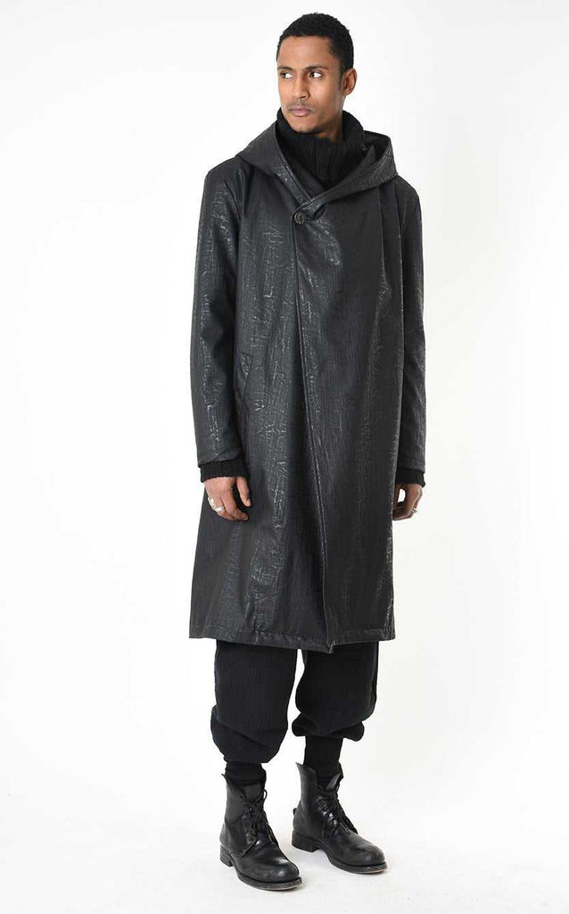 A33P LM24925 COAT Long Comfort Faux Leather Graphite Black.