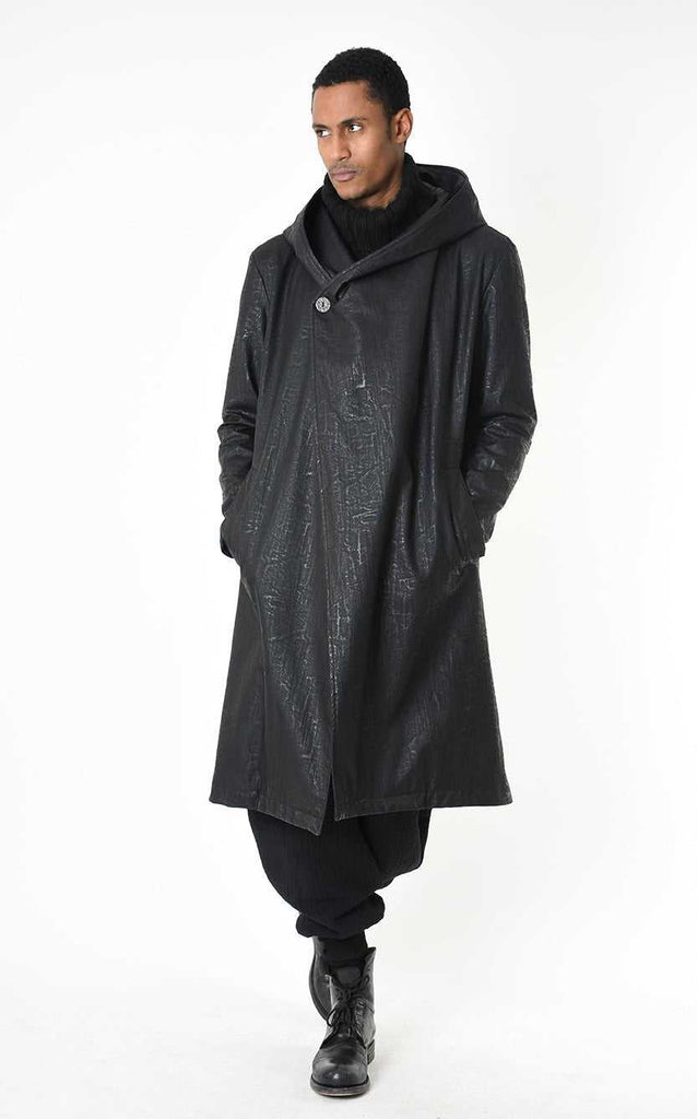 A33P LM24925 COAT Long Comfort Faux Leather Graphite Black.