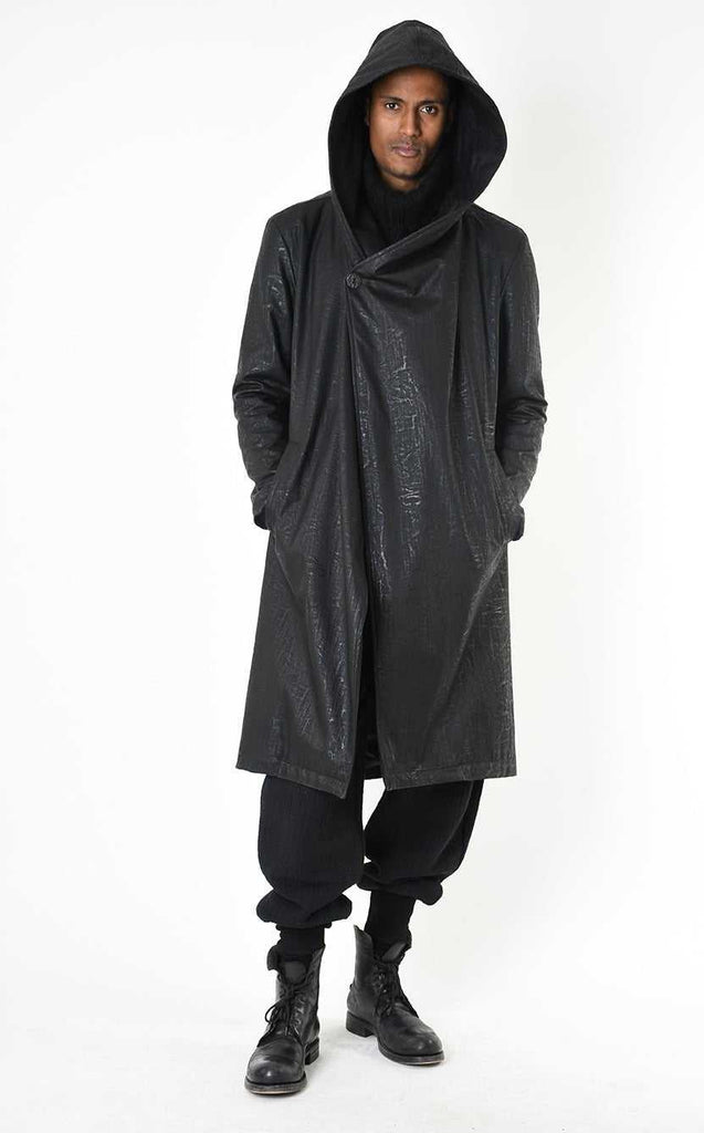 A33P LM24925 COAT Long Comfort Faux Leather Graphite Black.