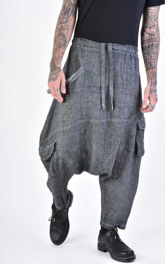 A33V LM10924 TROUSER Low Crotch Linen Dyed Cold Black/Grey 198 Pants Mens Designer Collection SS24 LA HAINE INSIDE US TEPHRA