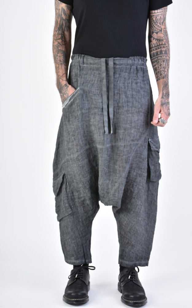 A33V LM10924 TROUSER Low Crotch Linen Dyed Cold Black/Grey.