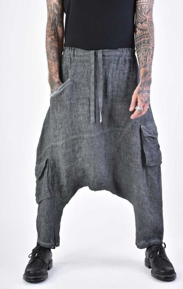 A33V LM10924 TROUSER Low Crotch Linen Dyed Cold Black/Grey.