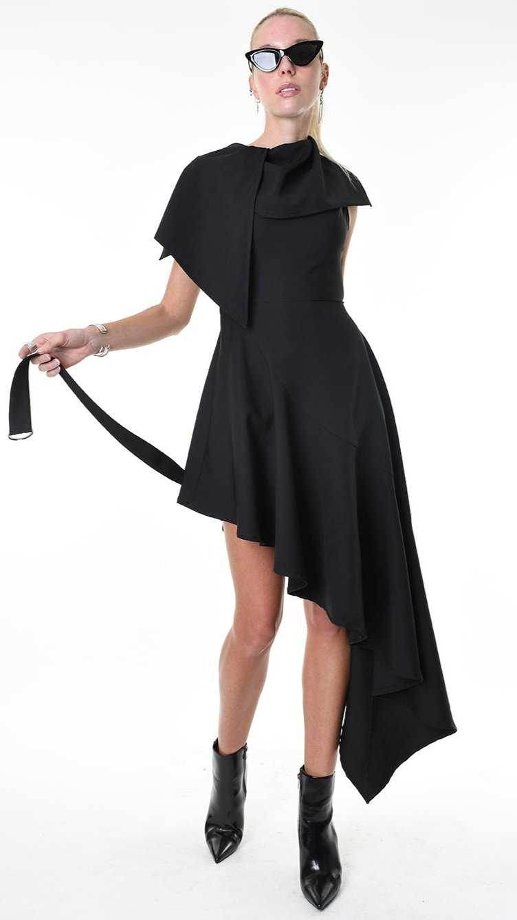 A344B LW85125 DRESS Tecno Stretch Asymmetric Black