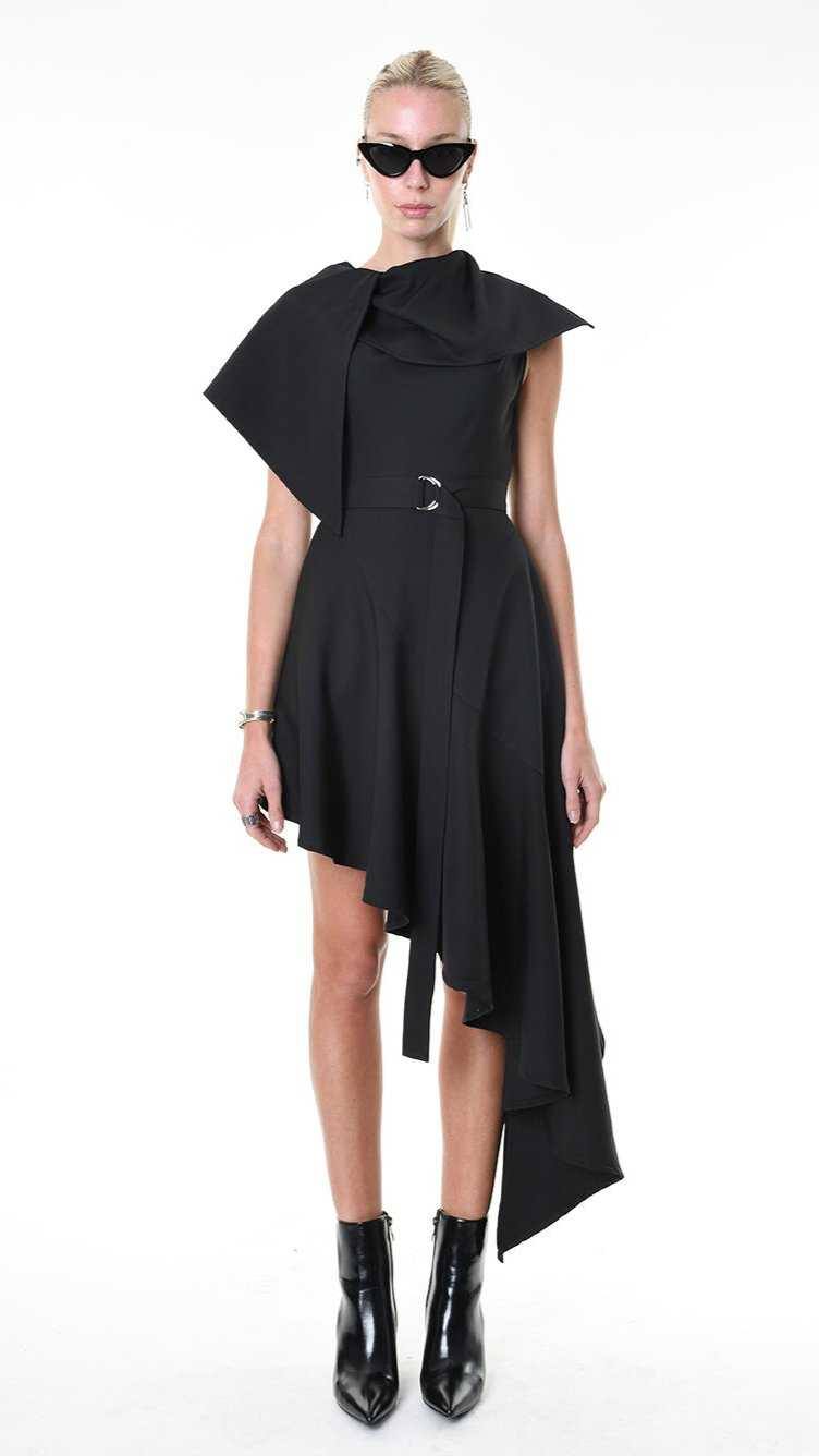A344B LW85125 DRESS Tecno Stretch Asymmetric Black
