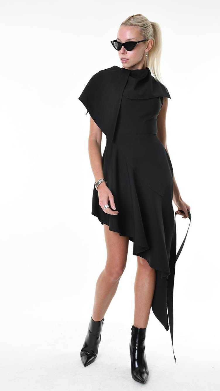 A344B LW85125 DRESS Tecno Stretch Asymmetric Black