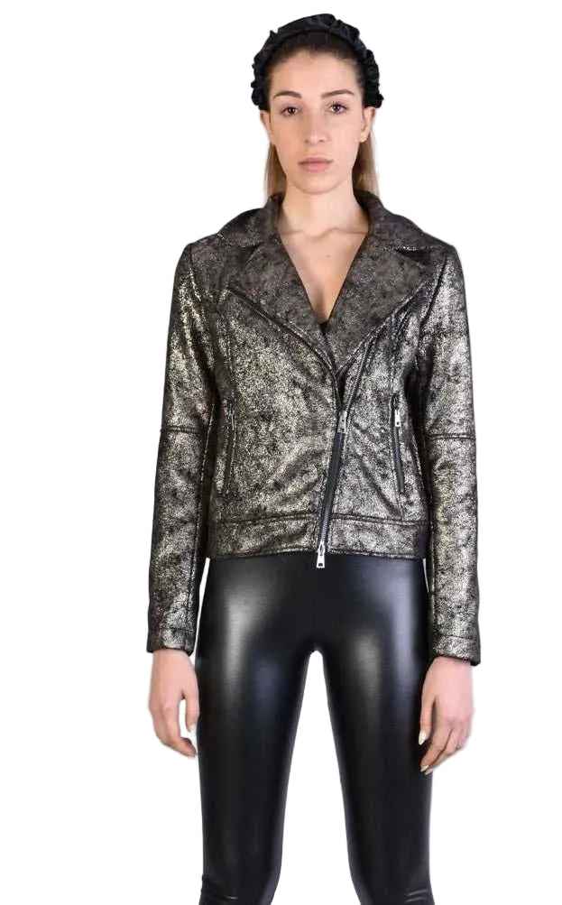 A34B LW50523 Jacket - Black Bronze Lined Washed Coated Cloth Chiodo Biker Italian Women's