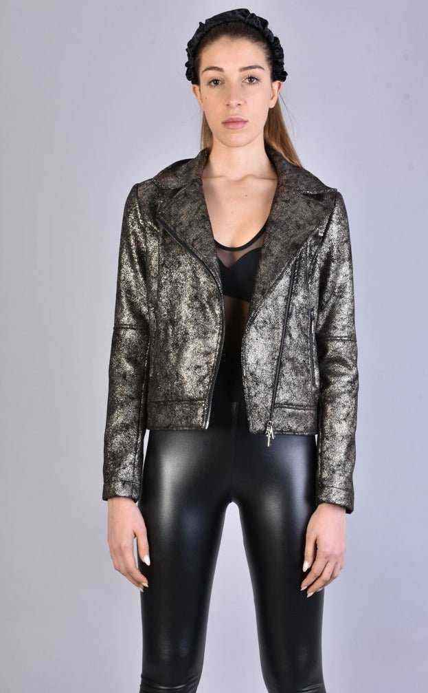 A34B LW50523 Jacket - Black Bronze Lined Washed Coated Cloth Chiodo Biker Italian Women's