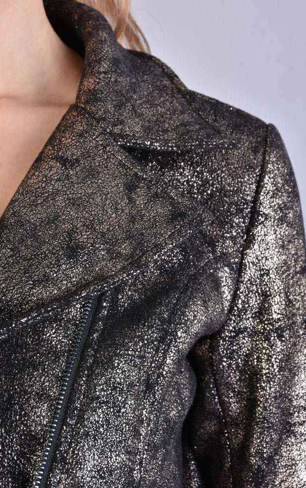 A34B LW50523 Jacket - Black Bronze Lined Washed Coated Cloth Chiodo Biker Italian Women's