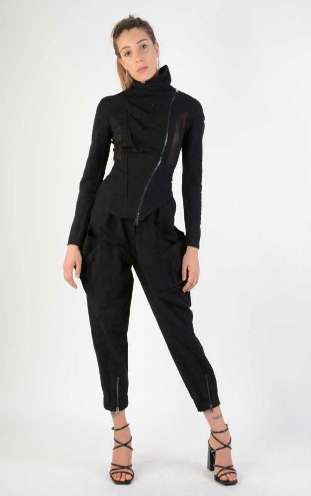 A34B LW65624 JACKET SKINNY ASYMMETRIC WOVEN COTTON & TULLE STRETCH BLACK Outfit Sets LA HAINE INSIDE US
