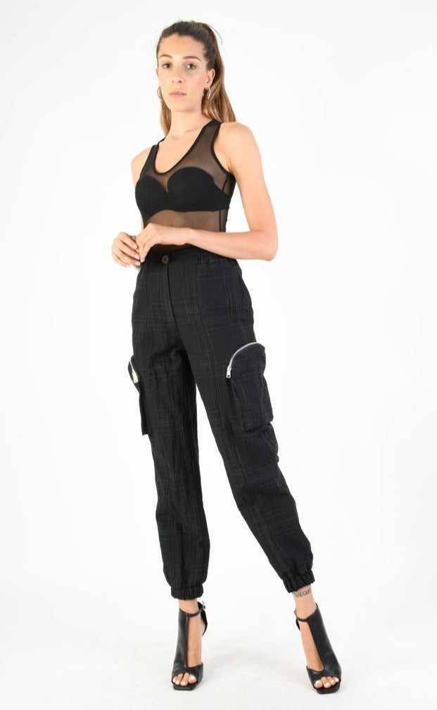 A34B LW68524 Trousers Cargo Cotton Linen & Check Print Black