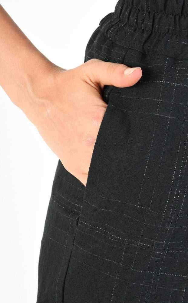 A34B LW68524 Trousers Cargo Cotton Linen & Check Print Black