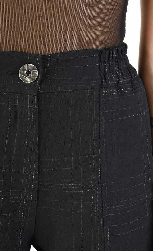 A34B LW68524 Trousers Cargo Cotton Linen & Check Print Black