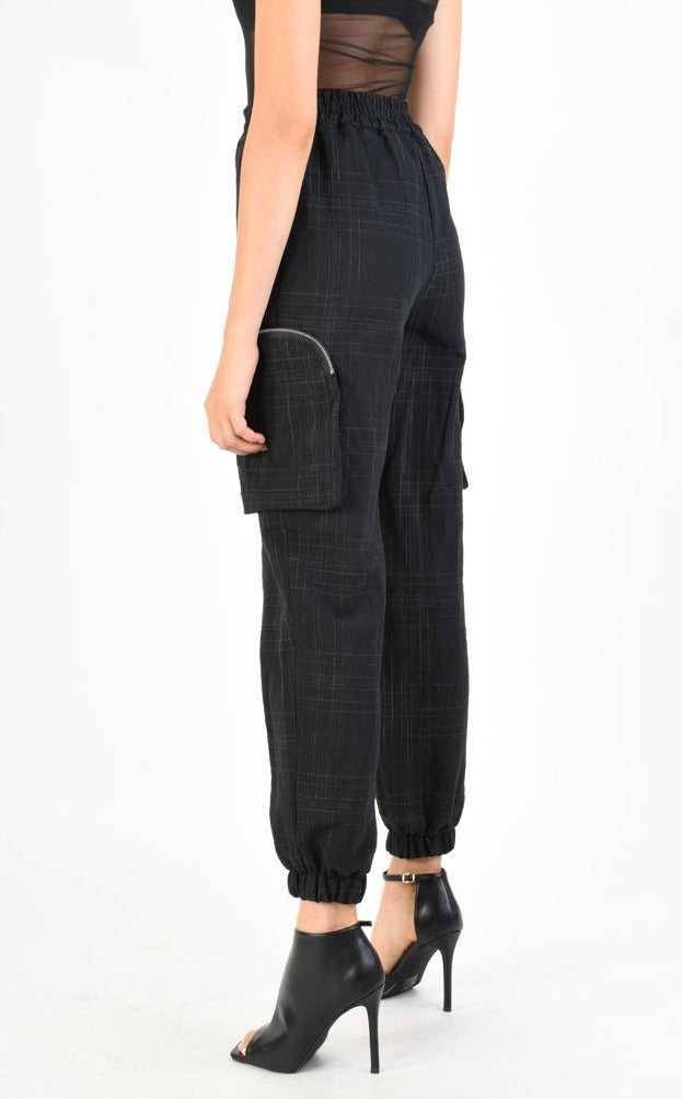 A34B LW68524 Trousers Cargo Cotton Linen & Check Print Black