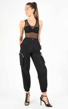 A34B LW68524 Trousers Cargo Cotton Linen & Check Print Black