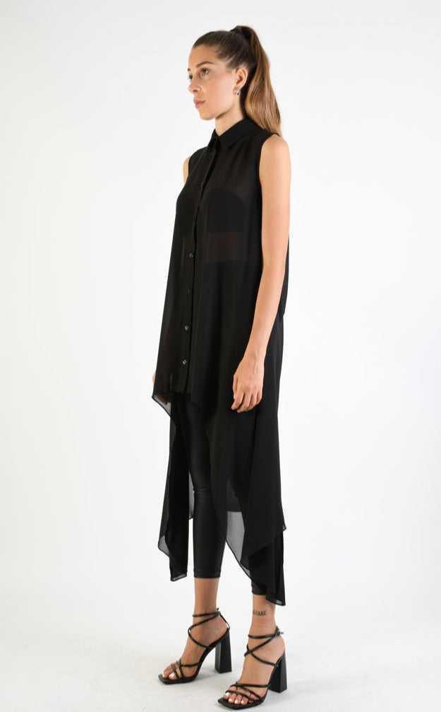 A34B LW69824 Shirt Asymmetric Sleeveless Georgette Black