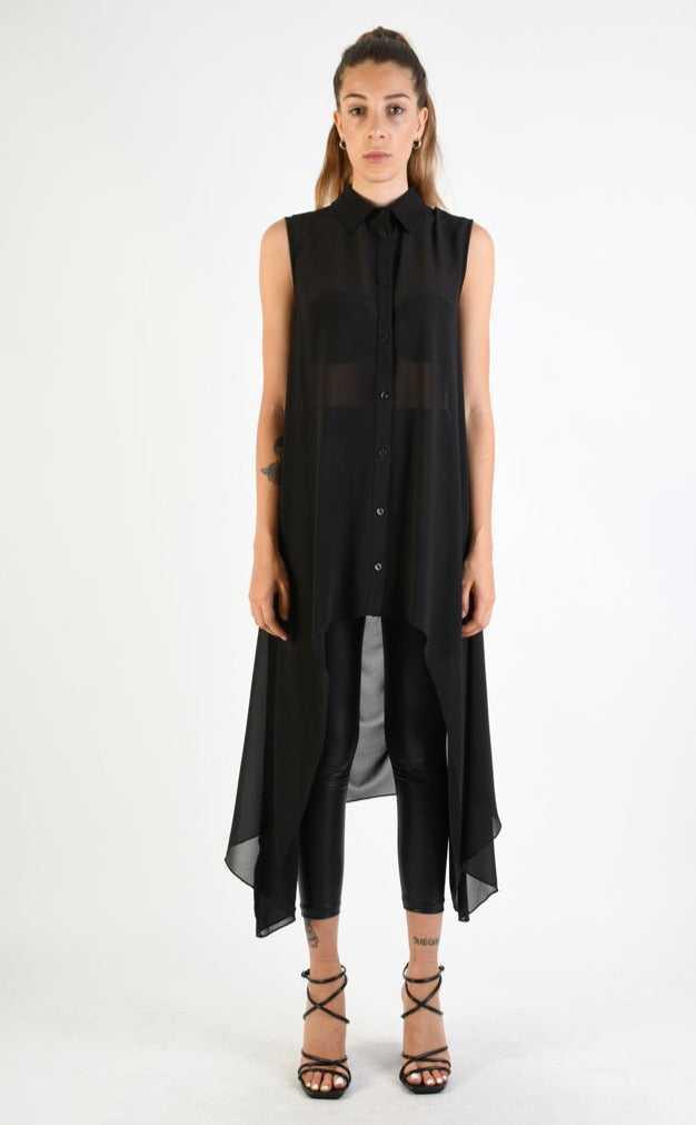 A34B LW69824 Shirt Asymmetric Sleeveless Georgette Black