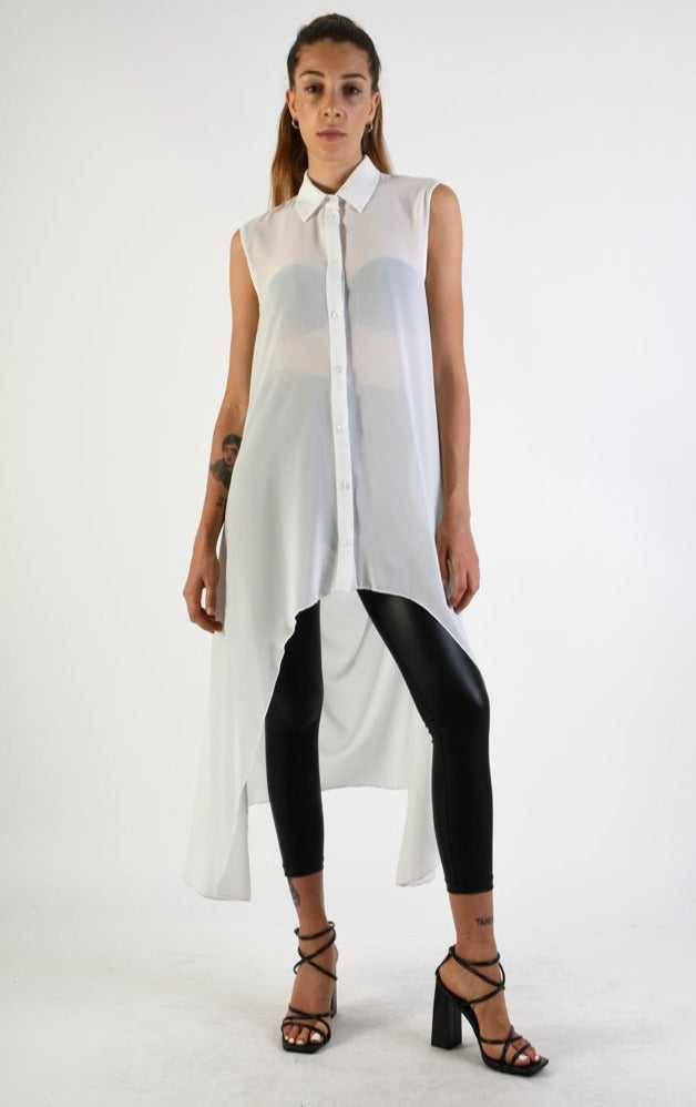 A34B LW69824 Shirt Asymmetric Sleeveless Georgette White