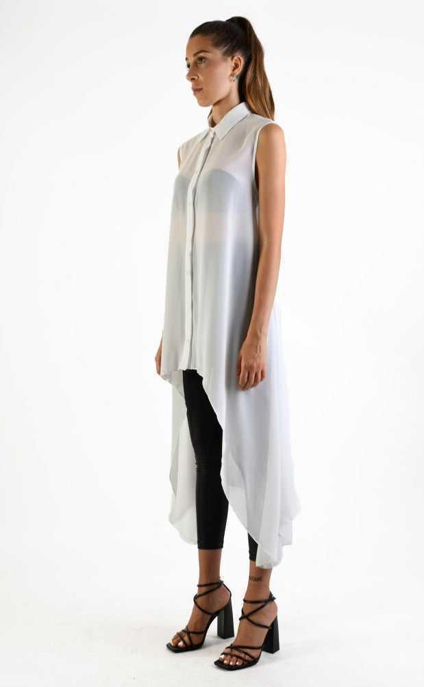 A34B LW69824 Shirt Asymmetric Sleeveless Georgette White