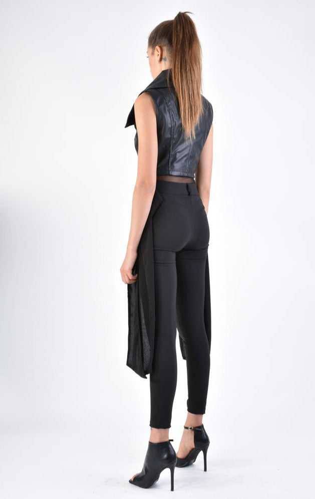 A34B LW70624 LEATHER GIILET Nappa & Georgette Black