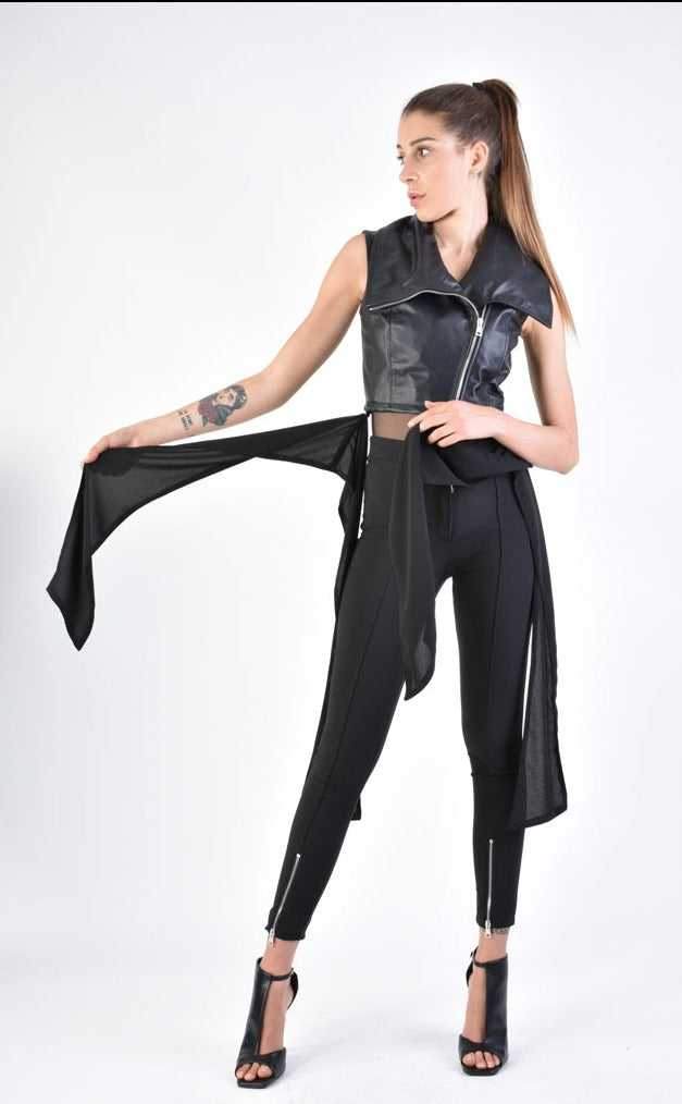 A34B LW70624 LEATHER GIILET Nappa & Georgette Black