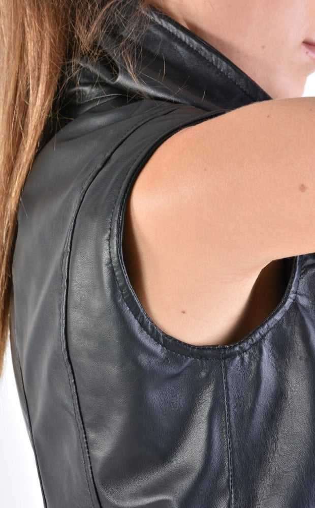 A34B LW70624 LEATHER GIILET Nappa & Georgette Black