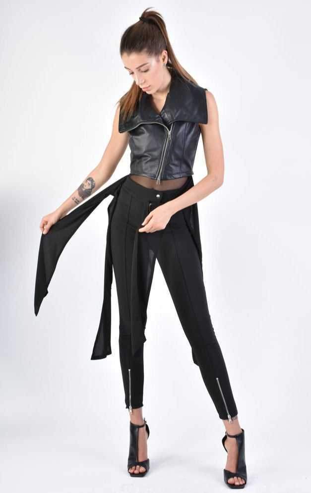 A34B LW70624 LEATHER GIILET Nappa & Georgette Black