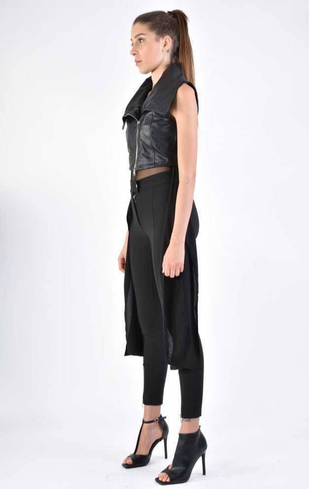 A34B LW70624 LEATHER GIILET Nappa & Georgette Black