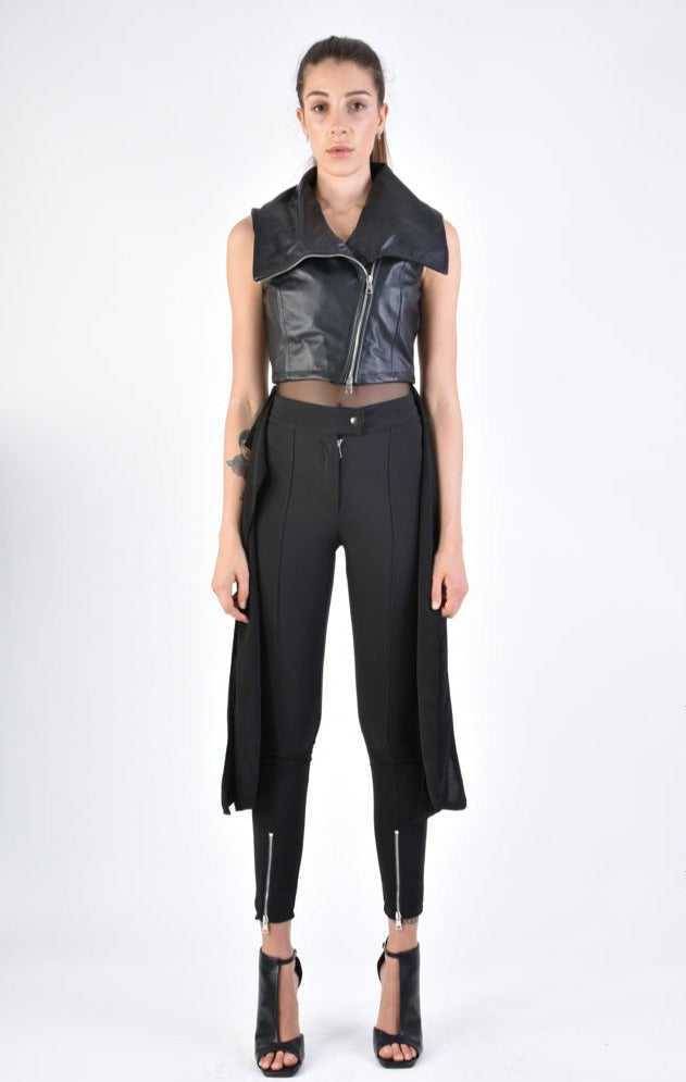 A34B LW70624 LEATHER GIILET Nappa & Georgette Black