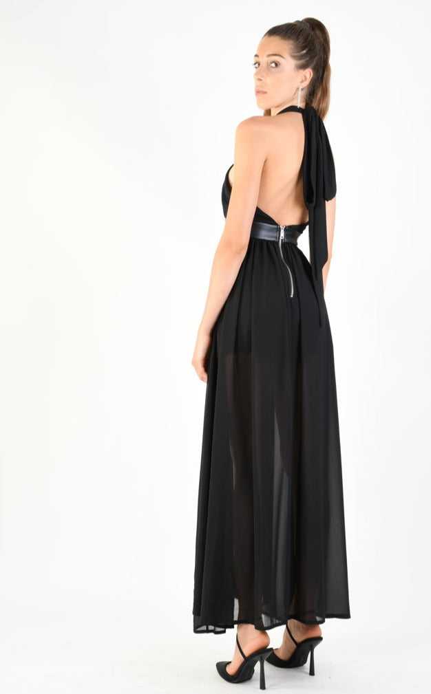 A34B LW74924 Dress Long Georgette + Satin + Faux Leather Black 179 DRESS Dress Woman LA HAINE INSIDE US TEPHRA