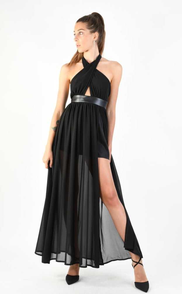 A34B LW74924 Dress Long Georgette + Satin + Faux Leather Black 179 DRESS Dress Woman LA HAINE INSIDE US TEPHRA