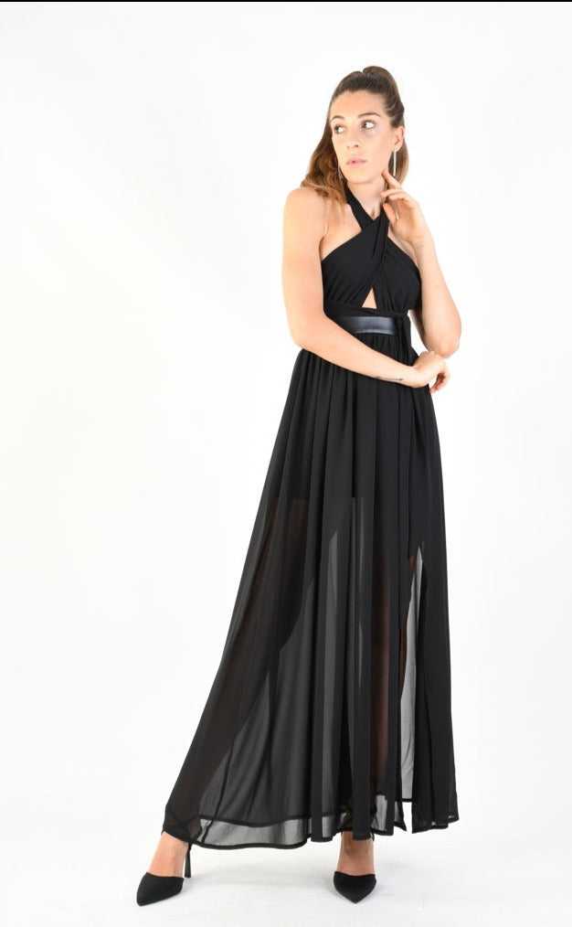 A34B LW74924 Dress Long Georgette + Satin + Faux Leather Black 179 DRESS Dress Woman LA HAINE INSIDE US TEPHRA