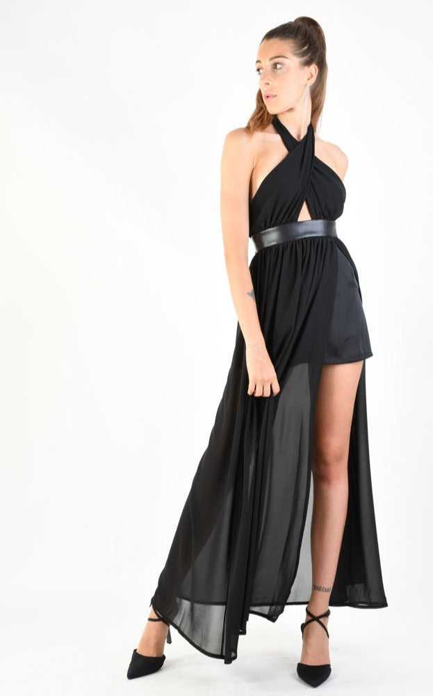 A34B LW74924 Dress Long Georgette + Satin + Faux Leather Black 179 DRESS Dress Woman LA HAINE INSIDE US TEPHRA