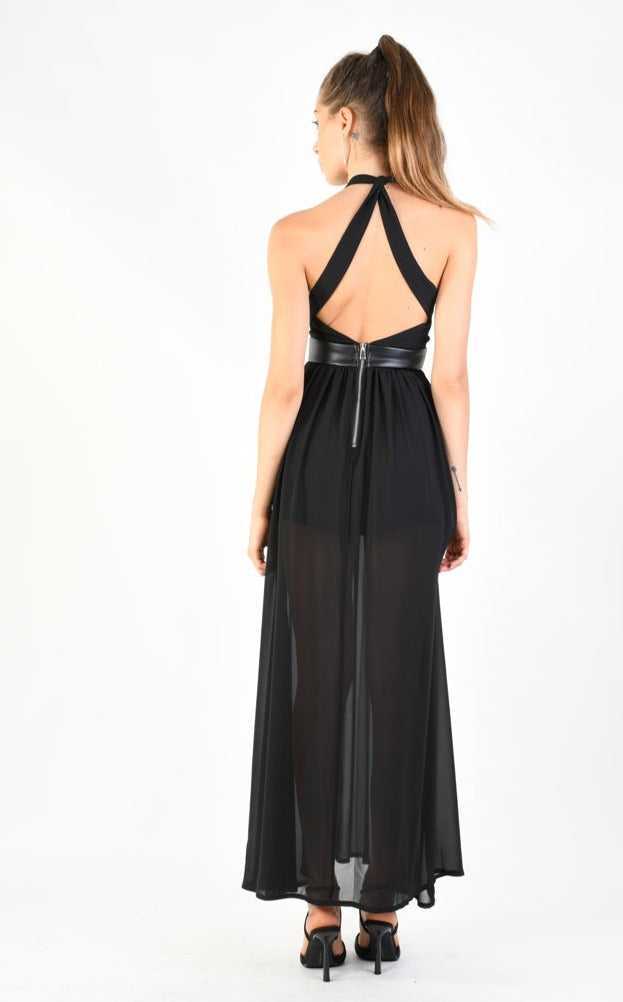 A34B LW74924 Dress Long Georgette + Satin + Faux Leather Black 179 DRESS Dress Woman LA HAINE INSIDE US TEPHRA