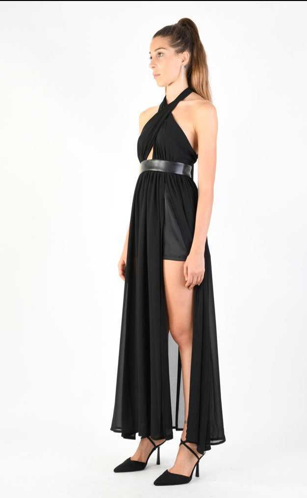 A34B LW74924 Dress Long Georgette + Satin + Faux Leather Black 179 DRESS Dress Woman LA HAINE INSIDE US TEPHRA