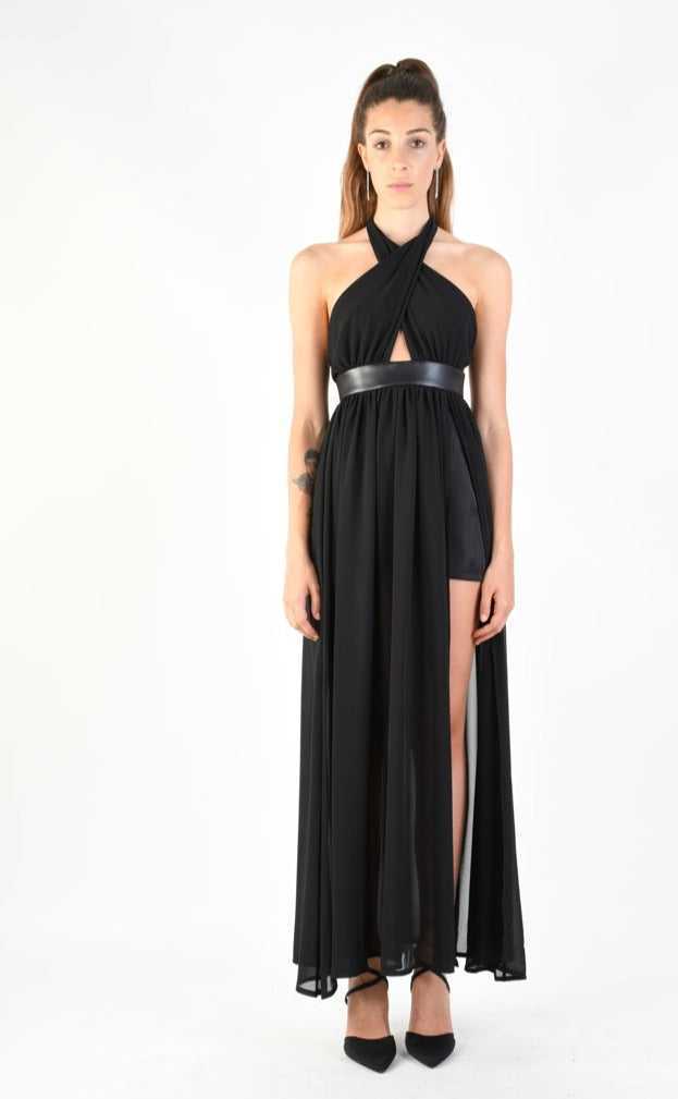 A34B LW74924 Dress Long Georgette + Satin + Faux Leather Black 179 DRESS Dress Woman LA HAINE INSIDE US TEPHRA