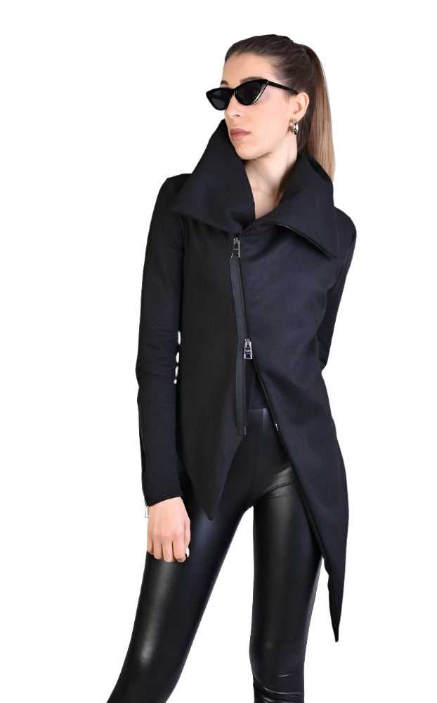 A34M LW62223 Black Cloth & stretch fleece asymmetric skinny jacket.