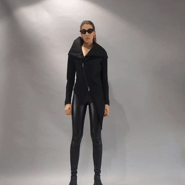 A34M LW62223 Black Cloth & stretch fleece asymmetric skinny jacket.