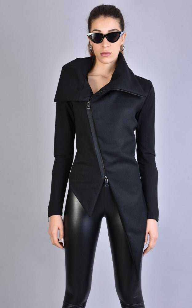 A34M LW62223 Black Cloth & stretch fleece asymmetric skinny jacket.