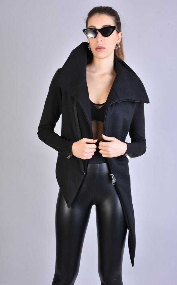 A34M LW62223 Black Cloth & stretch fleece asymmetric skinny jacket.