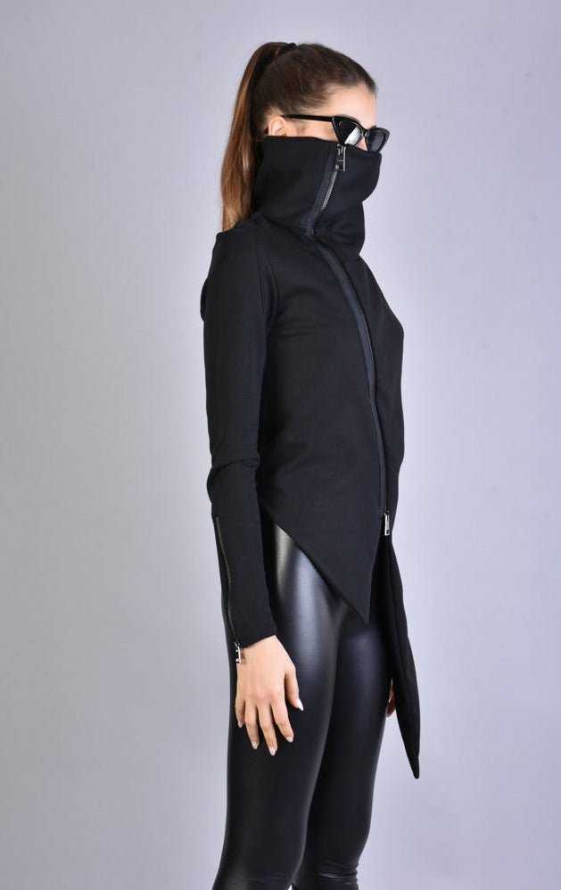 A34M LW62223 Black Cloth & stretch fleece asymmetric skinny jacket.