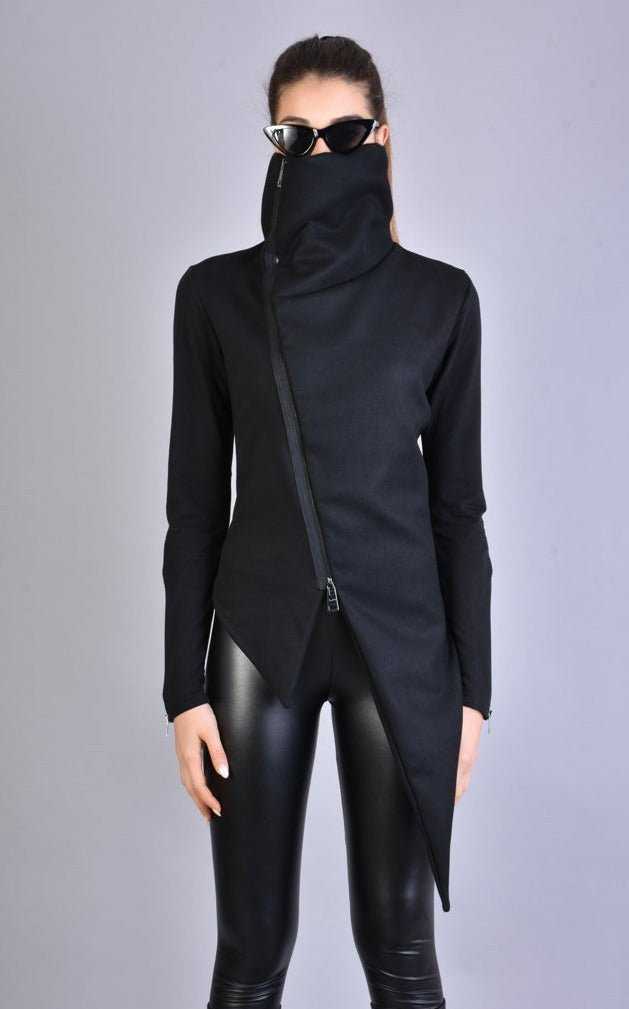 A34M LW62223 Black Cloth & stretch fleece asymmetric skinny jacket.